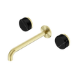 An image of Nero Tapware's Serenity Wall Basin Set 220mm Spout With Marquina Black Handle Brushed Gold