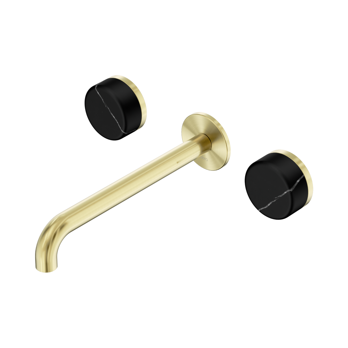 An image of Nero Tapware's Serenity Wall Basin Set 220mm Spout With Marquina Black Handle Brushed Gold