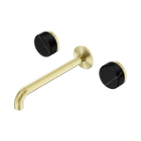 An image of Nero Tapware's Serenity Wall Basin Set 220mm Spout With Marquina Black Handle Brushed Gold