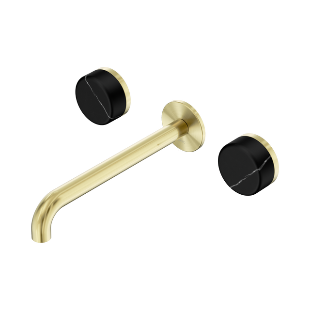 An image of Nero Tapware's Serenity Wall Basin Set 220mm Spout With Marquina Black Handle Brushed Gold