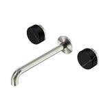 An image of Nero Tapware's Serenity Wall Basin Set 220mm Spout With Marquina Black Handle Brushed Nickel