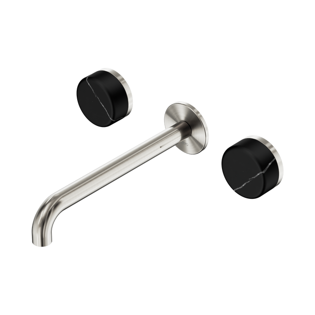 An image of Nero Tapware's Serenity Wall Basin Set 220mm Spout With Marquina Black Handle Brushed Nickel