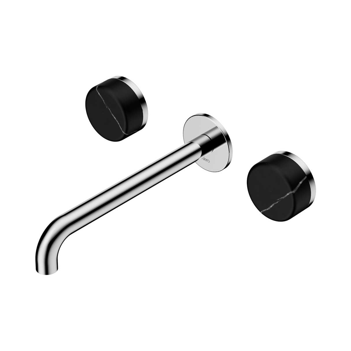 An image of Nero Tapware's Serenity Wall Basin Set 220mm Spout With Marquina Black Handle Chrome