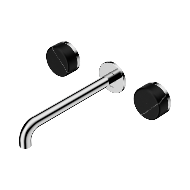 An image of Nero Tapware's Serenity Wall Basin Set 220mm Spout With Marquina Black Handle Chrome