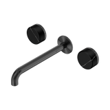 An image of Nero Tapware's Serenity Wall Basin Set 220mm Spout With Marquina Black Handle Gun Metal