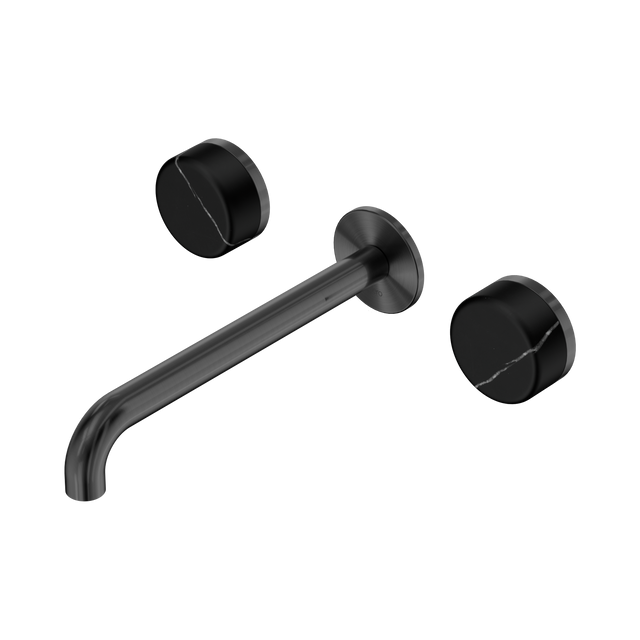 An image of Nero Tapware's Serenity Wall Basin Set 220mm Spout With Marquina Black Handle Gun Metal