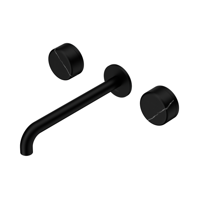 An image of Nero Tapware's Serenity Wall Basin Set 220mm Spout With Marquina Black Handle Matt Black