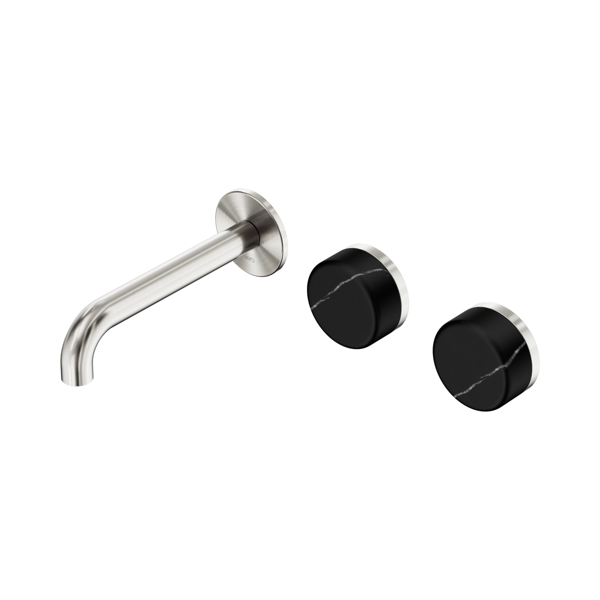 An image of Nero Tapware's Serenity Wall Basin Set 160mm Offset Spout With Marquina Black Handle Brushed Nickel