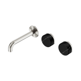 An image of Nero Tapware's Serenity Wall Basin Set 160mm Offset Spout With Marquina Black Handle Brushed Nickel