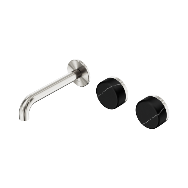 An image of Nero Tapware's Serenity Wall Basin Set 160mm Offset Spout With Marquina Black Handle Brushed Nickel