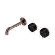 An image of Nero Tapware's Serenity Wall Basin Set 160mm Offset Spout With Marquina Black Handle Brushed Bronze