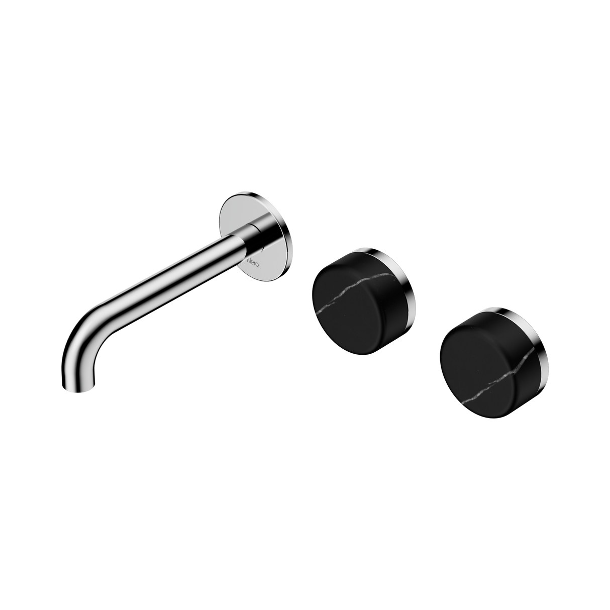 An image of Nero Tapware's Serenity Wall Basin Set 160mm Offset Spout With Marquina Black Handle Chrome