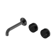 An image of Nero Tapware's Serenity Wall Basin Set 160mm Offset Spout With Marquina Black Handle Gun Metal