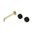 An image of Nero Tapware's Serenity Wall Basin Set 185mm Offset Spout With Marquina Black Handle Brushed Gold