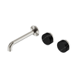 An image of Nero Tapware's Serenity Wall Basin Set 185mm Offset Spout With Marquina Black Handle Brushed Nickel