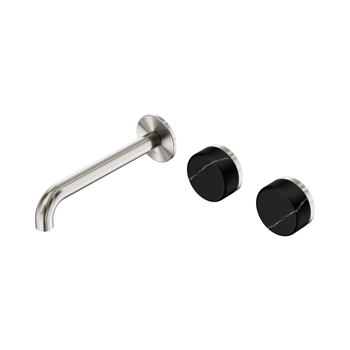 An image of Nero Tapware's Serenity Wall Basin Set 185mm Offset Spout With Marquina Black Handle Brushed Nickel