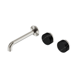 An image of Nero Tapware's Serenity Wall Basin Set 185mm Offset Spout With Marquina Black Handle Brushed Nickel