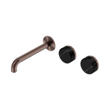 An image of Nero Tapware's Serenity Wall Basin Set 185mm Offset Spout With Marquina Black Handle Brushed Bronze