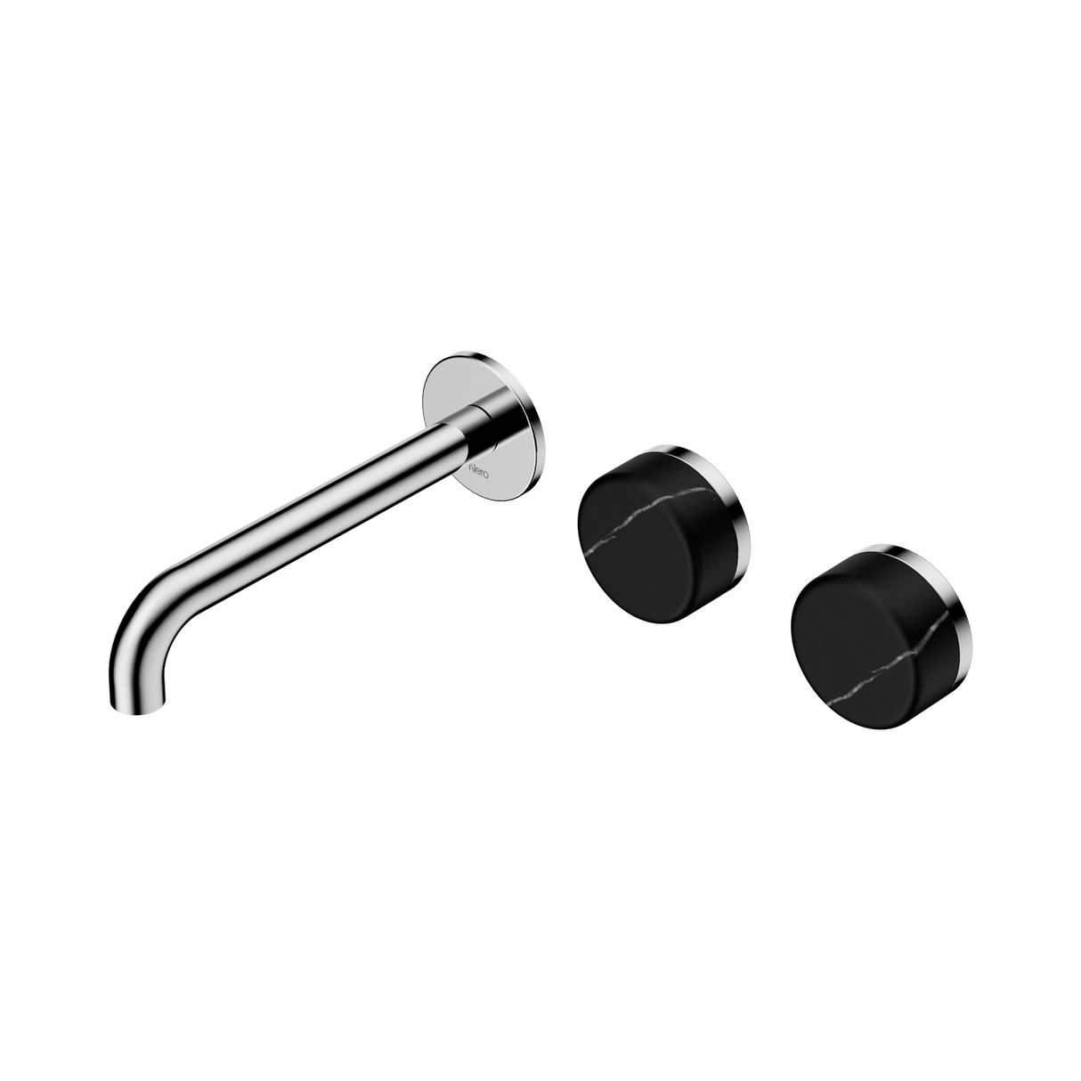 An image of Nero Tapware's Serenity Wall Basin Set 185mm Offset Spout With Marquina Black Handle Chrome