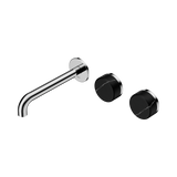 An image of Nero Tapware's Serenity Wall Basin Set 185mm Offset Spout With Marquina Black Handle Chrome