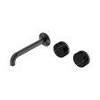 An image of Nero Tapware's Serenity Wall Basin Set 185mm Offset Spout With Marquina Black Handle Gun Metal