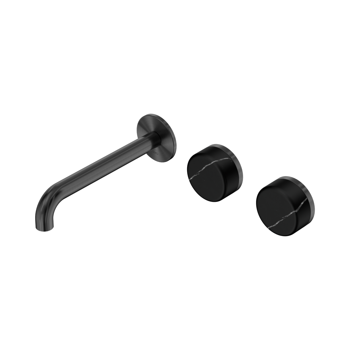 An image of Nero Tapware's Serenity Wall Basin Set 185mm Offset Spout With Marquina Black Handle Gun Metal