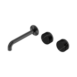 An image of Nero Tapware's Serenity Wall Basin Set 185mm Offset Spout With Marquina Black Handle Gun Metal