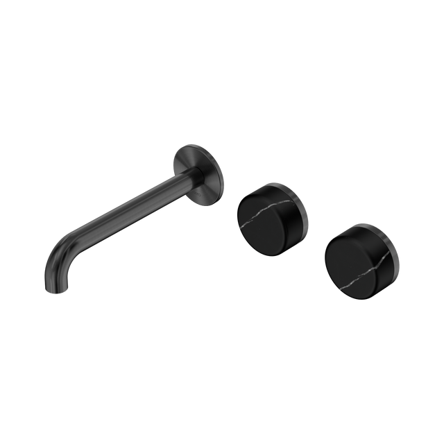 An image of Nero Tapware's Serenity Wall Basin Set 185mm Offset Spout With Marquina Black Handle Gun Metal