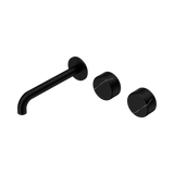 An image of Nero Tapware's Serenity Wall Basin Set 185mm Offset Spout With Marquina Black Handle Matt Black