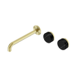 An image of Nero Tapware's Serenity Wall Basin Set 220mm Offset Spout With Marquina Black Handle Brushed Gold