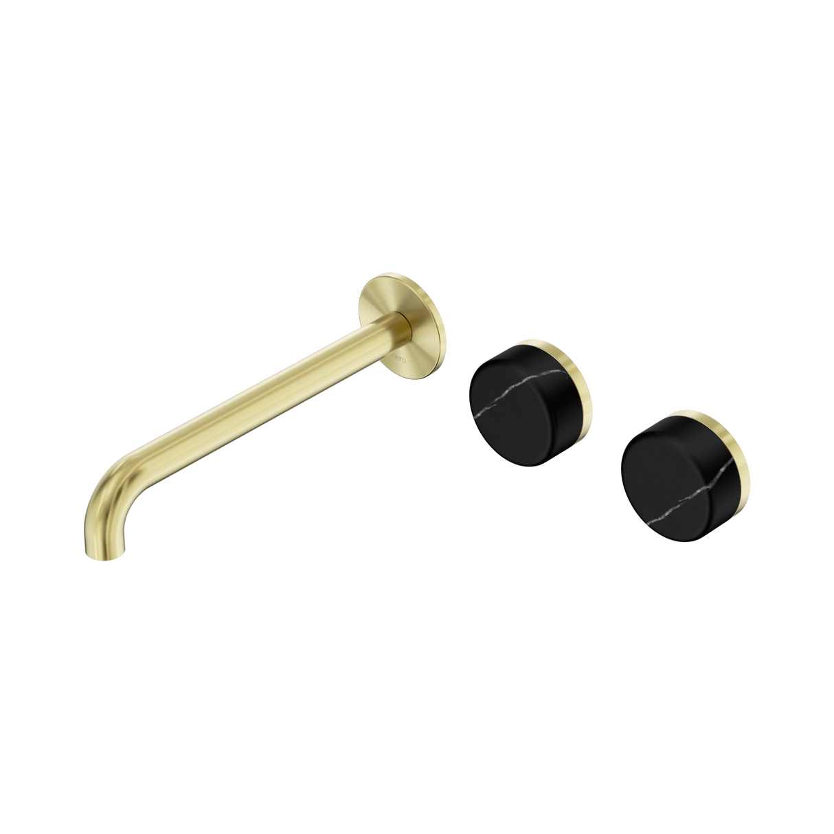 An image of Nero Tapware's Serenity Wall Basin Set 220mm Offset Spout With Marquina Black Handle Brushed Gold