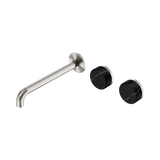 An image of Nero Tapware's Serenity Wall Basin Set 220mm Offset Spout With Marquina Black Handle Brushed Nickel