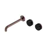 An image of Nero Tapware's Serenity Wall Basin Set 220mm Offset Spout With Marquina Black Handle Brushed Bronze