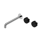 An image of Nero Tapware's Serenity Wall Basin Set 220mm Offset Spout With Marquina Black Handle Chrome
