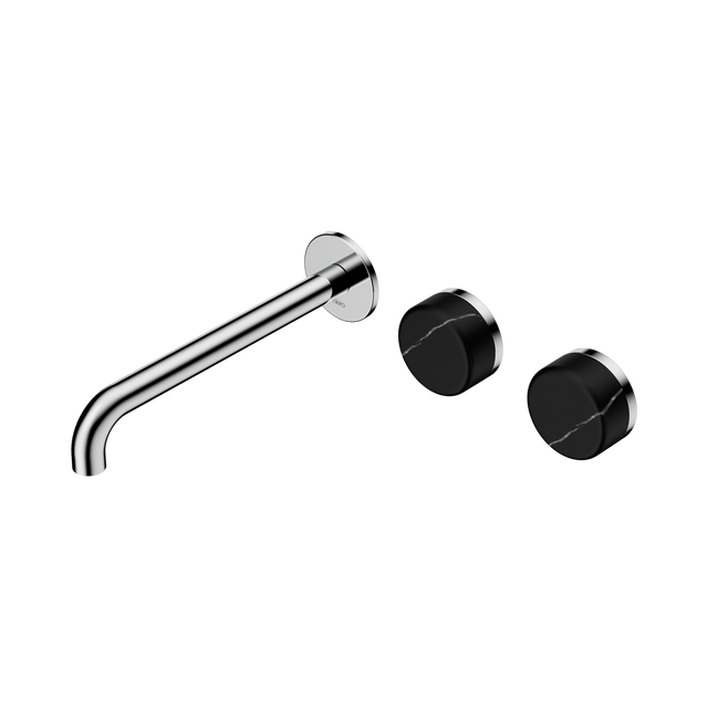 An image of Nero Tapware's Serenity Wall Basin Set 220mm Offset Spout With Marquina Black Handle Chrome