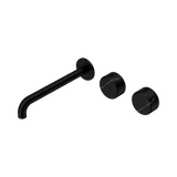 An image of Nero Tapware's Serenity Wall Basin Set 220mm Offset Spout With Marquina Black Handle Matt Black