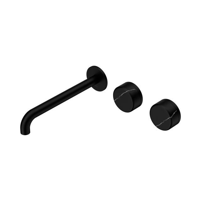An image of Nero Tapware's Serenity Wall Basin Set 220mm Offset Spout With Marquina Black Handle Matt Black