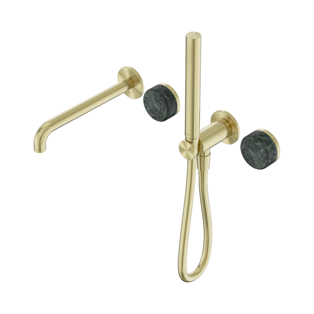 An image of Nero Tapware's Serenity Progressive Shower System With Spout With Verde Alpi Handle And Slim Shower Brushed Gold