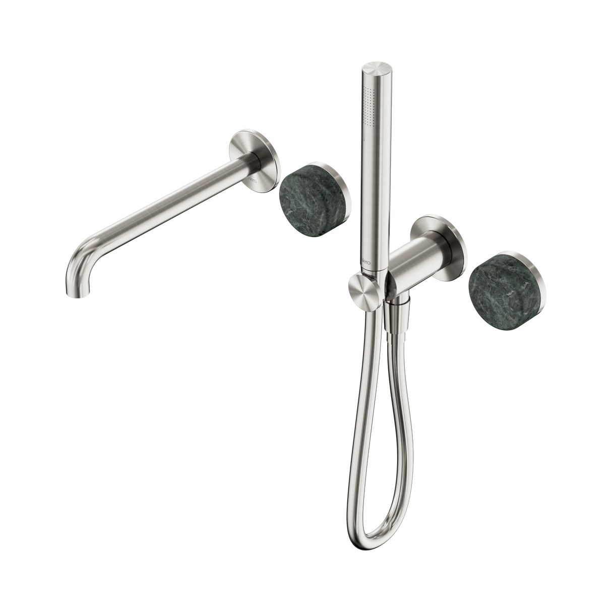 An image of Nero Tapware's Serenity Progressive Shower System With Spout With Verde Alpi Handle And Slim Shower Brushed Nickel