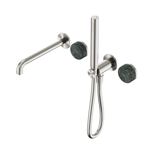 An image of Nero Tapware's Serenity Progressive Shower System With Spout With Verde Alpi Handle And Slim Shower Brushed Nickel