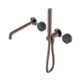 An image of Nero Tapware's Serenity Progressive Shower System With Spout With Verde Alpi Handle And Slim Shower Brushed Bronze