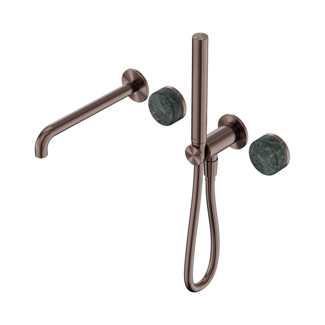 An image of Nero Tapware's Serenity Progressive Shower System With Spout With Verde Alpi Handle And Slim Shower Brushed Bronze