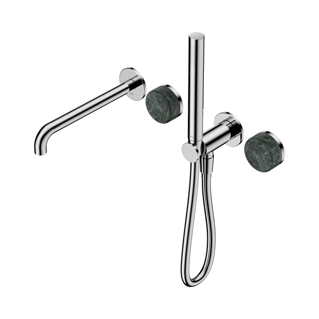 An image of Nero Tapware's Serenity Progressive Shower System With Spout With Verde Alpi Handle And Slim Shower Chrome