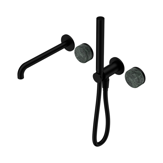 An image of Nero Tapware's Serenity Progressive Shower System With Spout With Verde Alpi Handle And Slim Shower Matt Black
