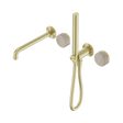 An image of Nero Tapware's Serenity Progressive Shower System With Spout With Rome Travertine Handle And Slim Shower Brushed Gold