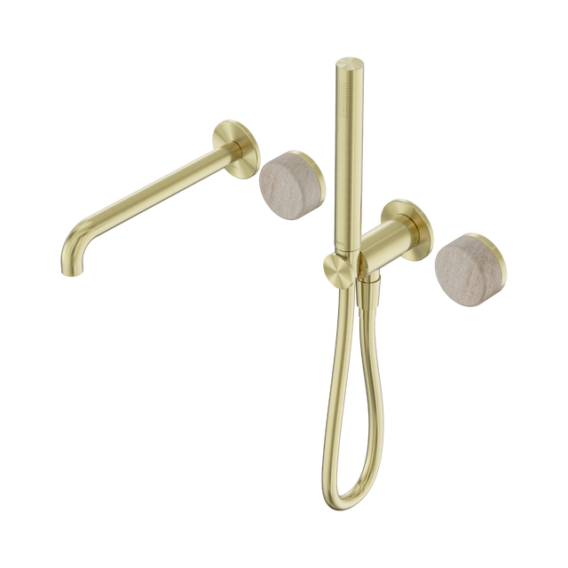 An image of Nero Tapware's Serenity Progressive Shower System With Spout With Rome Travertine Handle And Slim Shower Brushed Gold