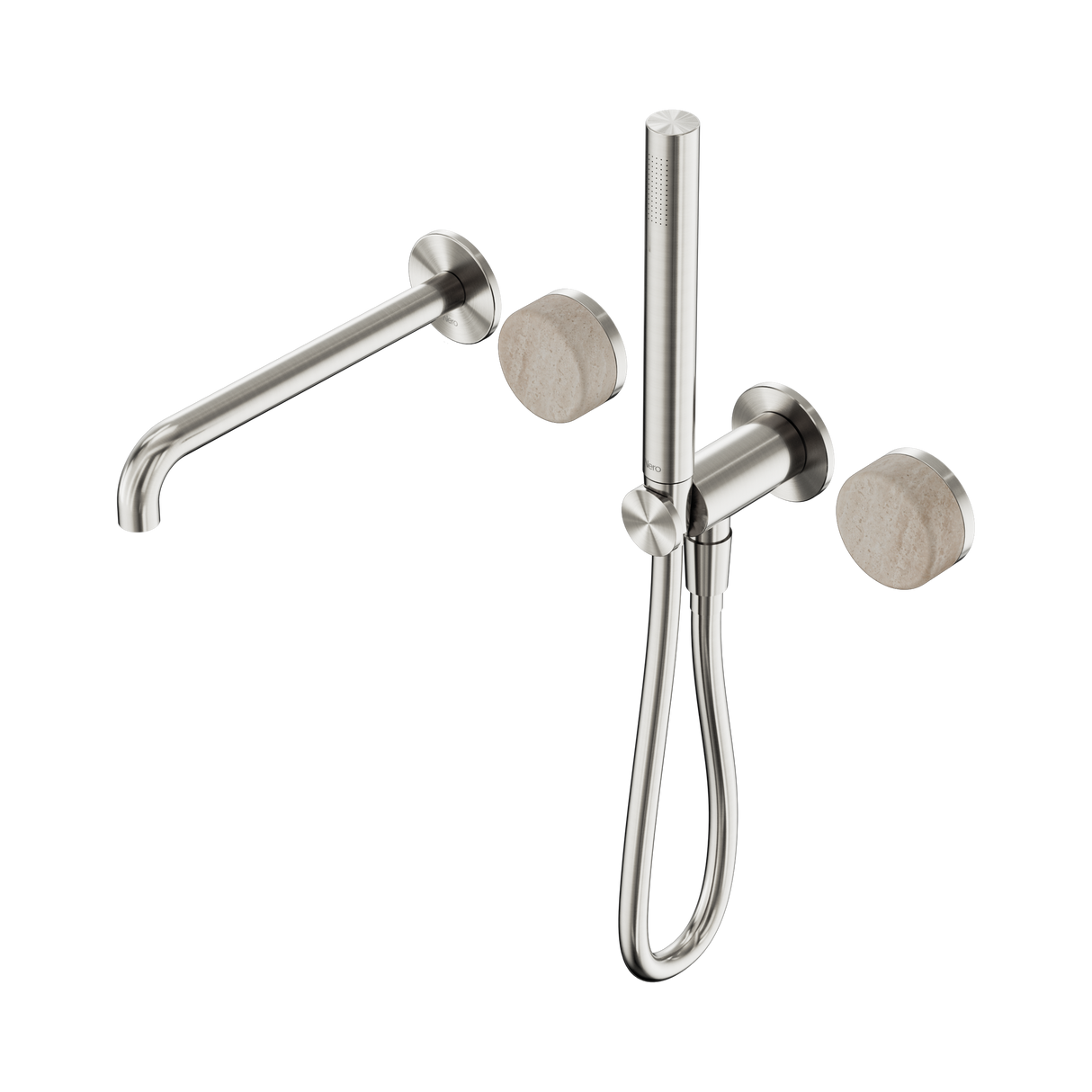 An image of Nero Tapware's Serenity Progressive Shower System With Spout With Rome Travertine Handle And Slim Shower Brushed Nickel