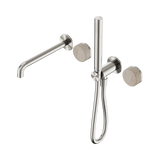 An image of Nero Tapware's Serenity Progressive Shower System With Spout With Rome Travertine Handle And Slim Shower Brushed Nickel