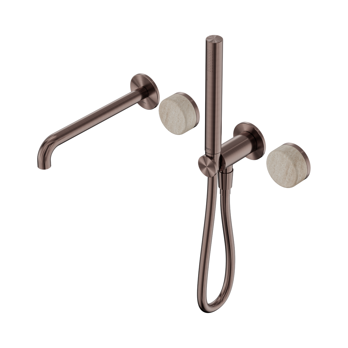 An image of Nero Tapware's Serenity Progressive Shower System With Spout With Rome Travertine Handle And Slim Shower Brushed Bronze