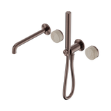 An image of Nero Tapware's Serenity Progressive Shower System With Spout With Rome Travertine Handle And Slim Shower Brushed Bronze